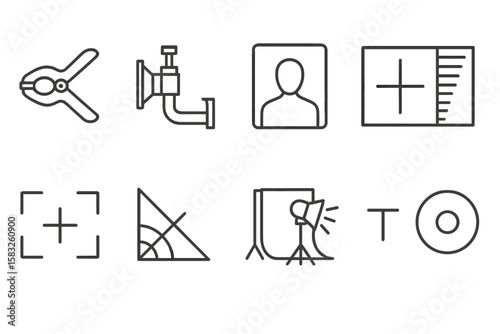 Photography, studio equipment outline icon set. lighting, camera tools collection