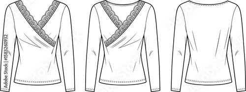 Women's Elegant Long Sleeve Wrap Blouse with Scalloped Lace V-Neckline, Front, Side, and Back Fashion Flat Sketch Vector