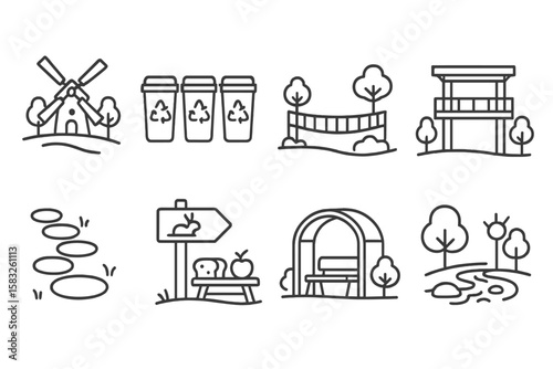 Nature, park outline icon set. trail, picnic, outdoor recreation minimalist collection