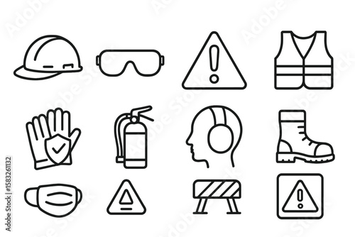 Safety equipment line icon set. protective gear and warning symbols outline collection