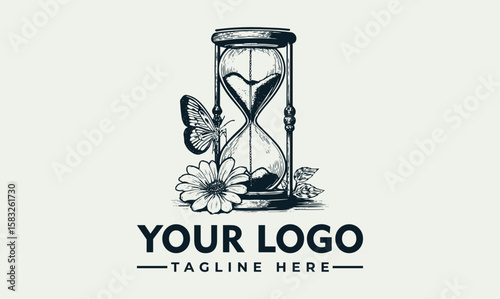 Vintage-style logo featuring an hourglass, butterfly, and flower, symbolizing time and nature.