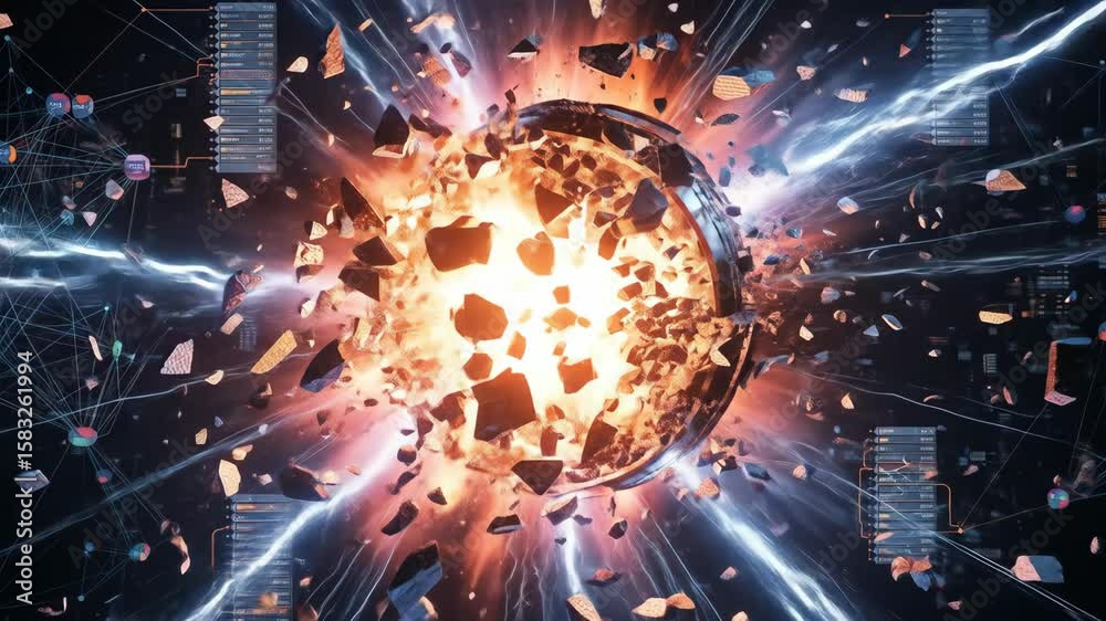 Digital Network Core Exploding in Space with Data Interface