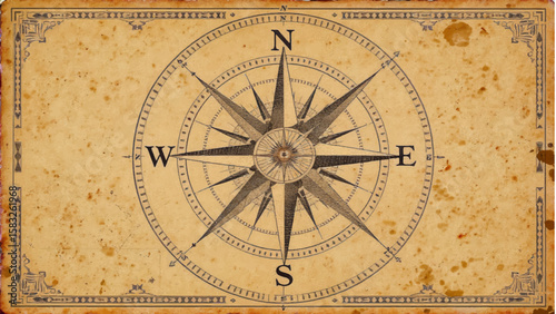 Antique compass rose on aged parchment navigation direction