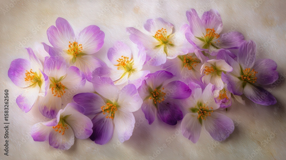 Obraz premium Delicate purple and white blossoms with yellow stamens arranged artfully on a textured light background.