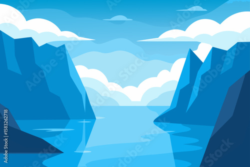 calm fjord surrounded by icy cliffs and soft cloud