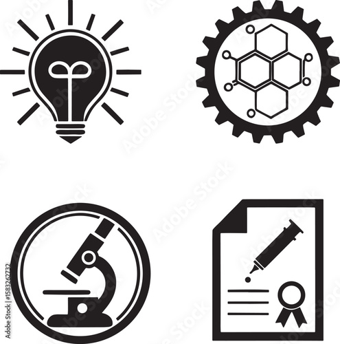 Innovation & Research Icons: Lightbulb, Gear, Microscope, Certificate