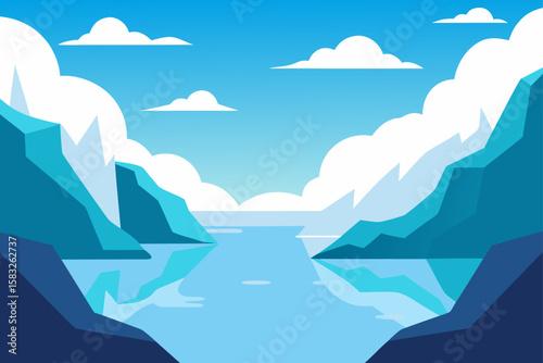 calm fjord surrounded by icy cliffs and soft cloud
