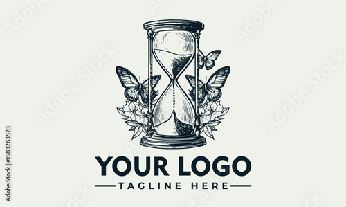 An hourglass surrounded by two butterflies and flowers, with space for a logo and tagline.