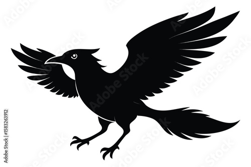Black silhouette of a bird with wings spread and legs extended