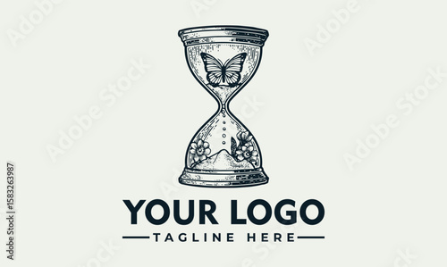 Elegant hourglass logo design featuring a butterfly and floral elements, symbolizing the fleeting nature of time and beauty.