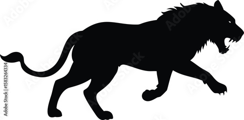 Black silhouette of a lion running with open mouth