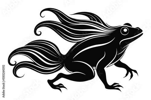 Black silhouette of a frog with flowing tail and mane