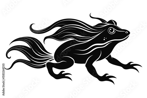 Black silhouette of a stylized frog with flowing mane and tail
