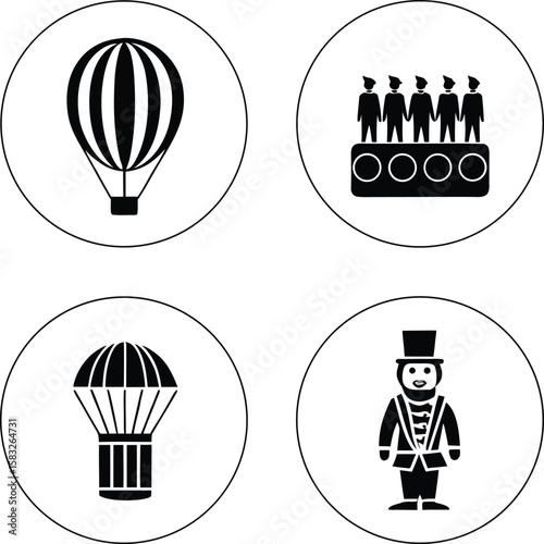 Hot Air Balloon, Parachute, Marching Band and Ringmaster Icons A Set of Vintage-Style Illustrations