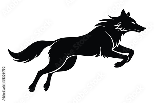 Black silhouette of a wolf jumping with flowing mane