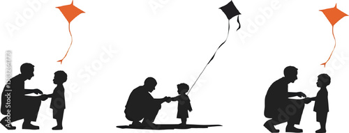 A heartwarming graphic shows a father with his child flying kites together, creating a family moment of joy and connection, perfect for themes of fatherhood and childhood.