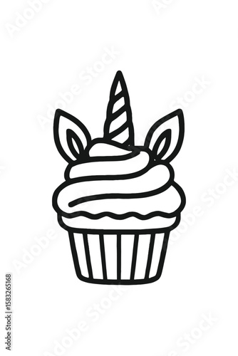 Cute Unicorn Cupcake Vector Line Art Illustration - Fantasy Dessert for Kids and Parties