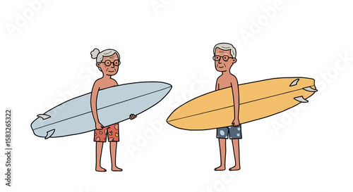 Elderly man standing with surfboard and wearing swim shorts  