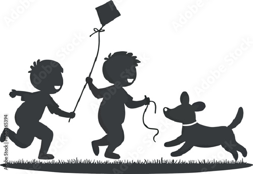 Children joyfully playing with a kite and a playful dog creates a whimsical and heartwarming scene of childhood fun, perfect for logo design or creative projects.