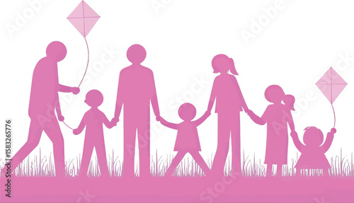 Depicts a happy family flying kites together in silhouette form, symbolizing love, unity, and the joys of parenthood and childhood in a cheerful design.