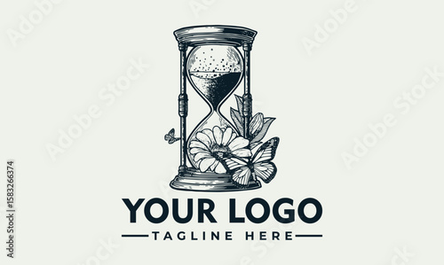 Elegant hourglass logo design featuring floral elements and a butterfly, symbolizing time and nature's fleeting beauty.