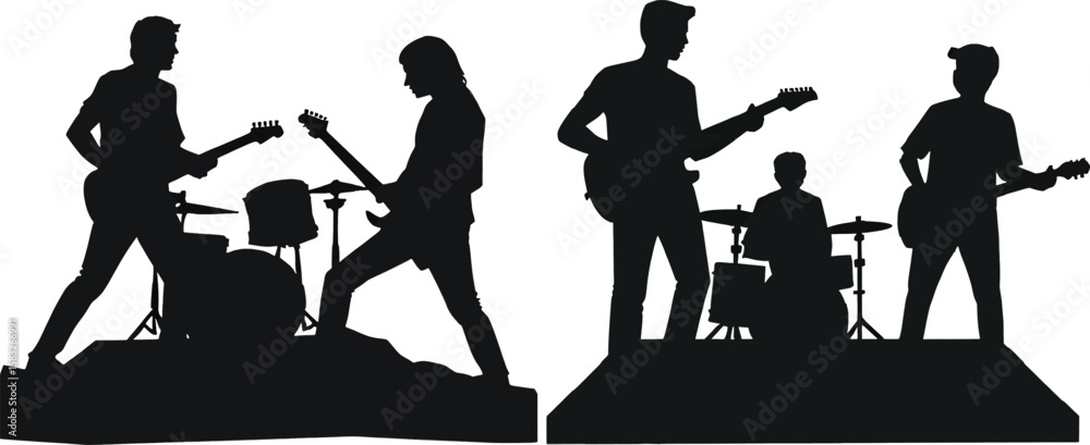 Obraz premium A silhouette design showcases a rock band performing, with musicians playing guitar and drums, ideal for posters, apparel, and music-related designs, capturing the energy of live music.