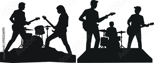 A silhouette design showcases a rock band performing, with musicians playing guitar and drums, ideal for posters, apparel, and music-related designs, capturing the energy of live music.