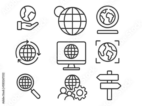 Collection of nine thin-stroke outline icons illustrating global themes: supportive hand with Earth, rotating arrows, desktop globe, map focus frame, magnifying search, collaborative gear team