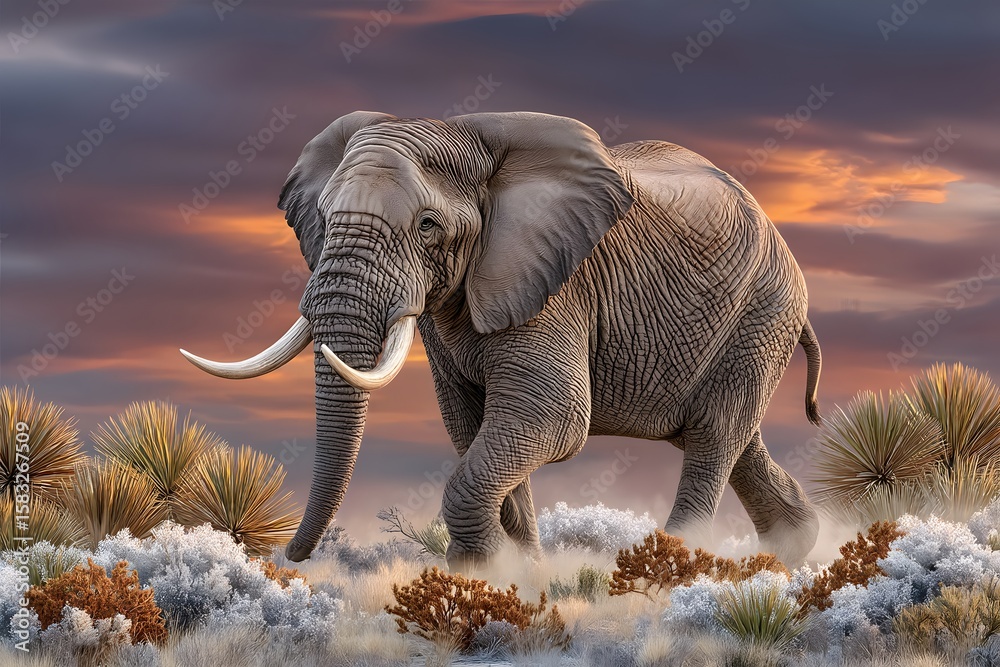 Fototapeta premium Wild elephant in golden grassland scenery high resolution image