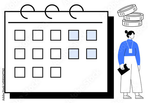 Large calendar layout with marked dates, professional standing figure holding clipboard, pile of coins. Ideal for planning, budgeting, project management, scheduling, time management, organization