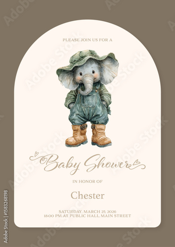 Baby Shower Invitation with Cute Watercolor Elephant in Overalls and Boots – Neutral Safari Theme