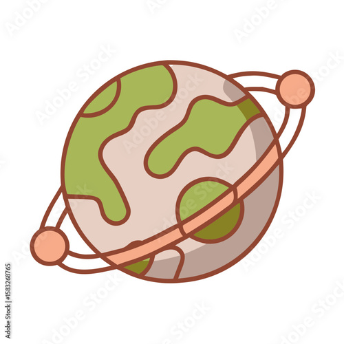 Cartoon planet with green landmasses and orbits in simple design  