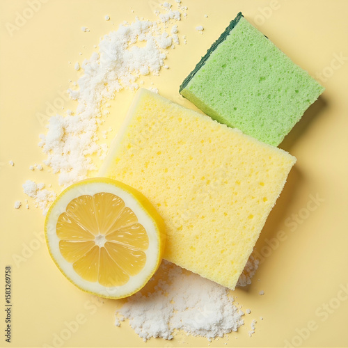 Sponge, soap, lemon, and soda on beige background with green leaf.