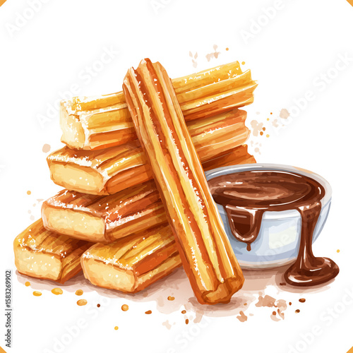 Vector illustration of churros with chocolate dip, isolated on white background. Vector illustration of traditional bakery on white background