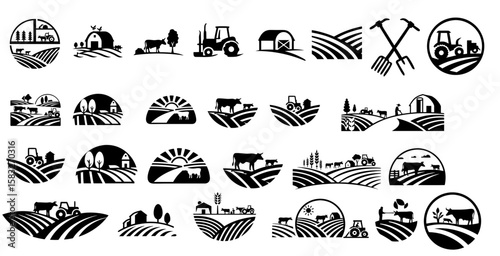 Black and White Farm Icon Set
