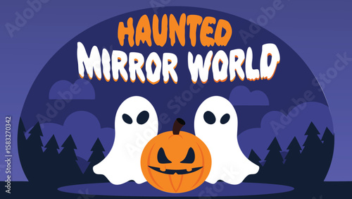 Illustration of halloween with ghosts and pumpkin in front of a dark blue haunted mirror world scene