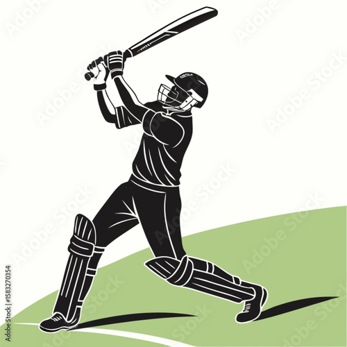 A black silhouette cartoon illustration of a baseball player with a bat hitting a ball