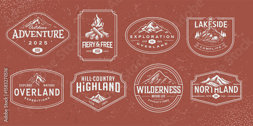 Rugged mountain adventure typography collection logos . Vintage Outdoor mountains badge illustration. 

