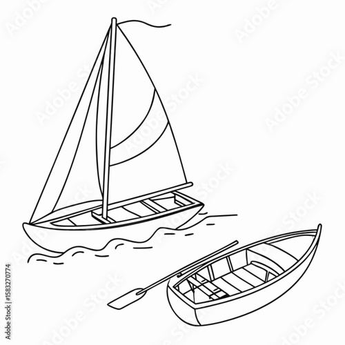 A nautical illustration of a sailing vessel on the open sea, propelled by wind and wave