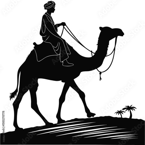 Desert camels silhouetted against a sunset landscape, a classic Arabian wildlife illustration