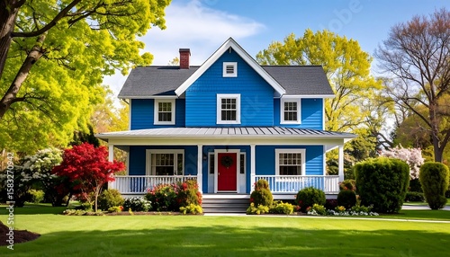 Blue house with porch in spring