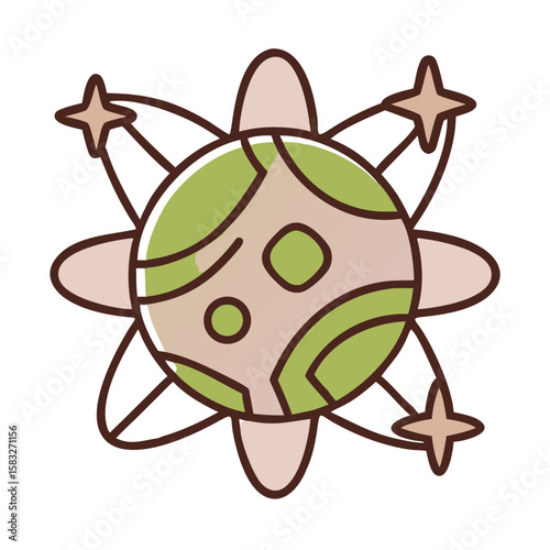 Abstract illustration of Earth with orbiting stars in simple style  