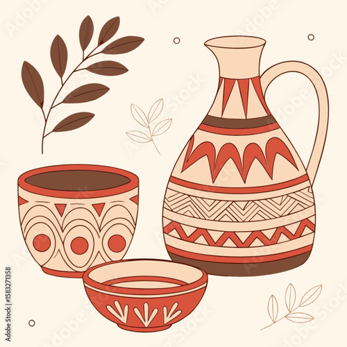Antique pottery jug, a ceramic still life container for milk or drink, a rustic clay art object with a handleAntique pottery jug, a ceramic still life container for milk or drink, a rustic clay art ob