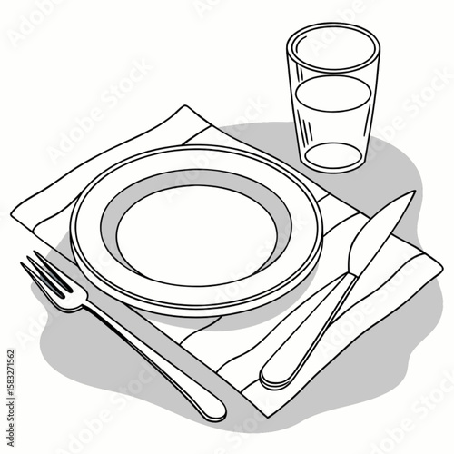 A clean, empty restaurant menu design with a vector illustration of a plate, fork, knife, and spoon for dining