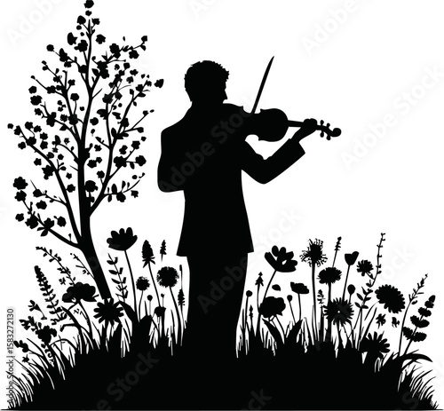 Silhouette of violinist in spring concert isolated vector style on white background
