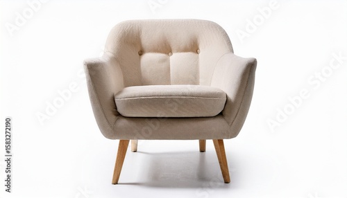 scandinavian style armchair with plush beige upholstery wooden legs perfect for modern home interior lounge chair on white background cut out furniture front view