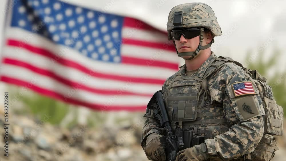 A soldier is on duty at a military base, monitoring the area with an American flag waving softly in the background as afternoon light casts shadows A soldier is on duty at a military base, monitoring the area with an American flag waving softly in the background as afternoon light casts shadows