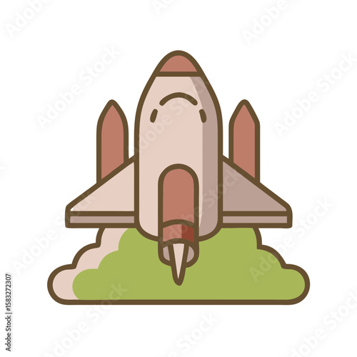 Cartoon rocket flying above clouds in playful illustration style  