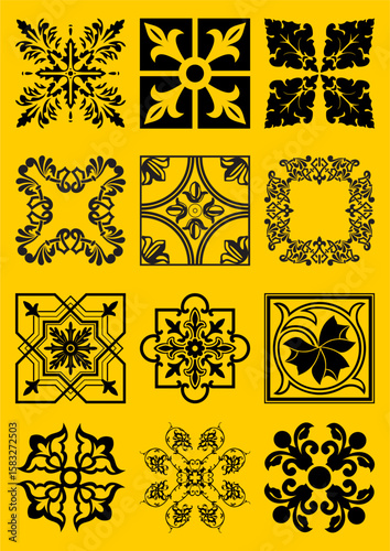 Ornate Tile Patterns: An artful presentation of intricately detailed square tiles with decorative floral and geometric motifs, elegantly arranged against a bold yellow background.