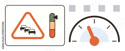 Traffic alert triangle with cars inside, congestion level gauge, and speedometer needle. Ideal for transportation, safety, navigation, traffic management, urban planning, car systems simple flat